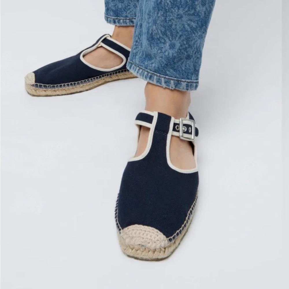 Re/Done Navy Canvas T-Strap Espadrilles with Cream Trim NWOT